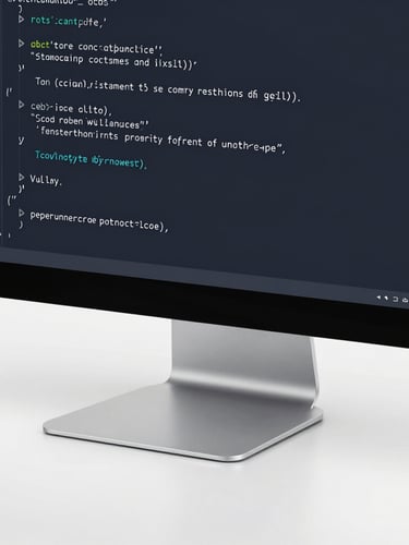Close-up of clean code on a high-resolution screen in a minimalist workspace, cool crisp studio lighting, deep slate and clean white tones, sharp focus, 35mm lens