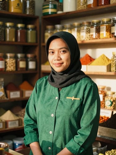 A warm environmental portrait of an Indonesian female business owner in her tidy spice shop, soft golden-hour light filtering in, rich emerald details