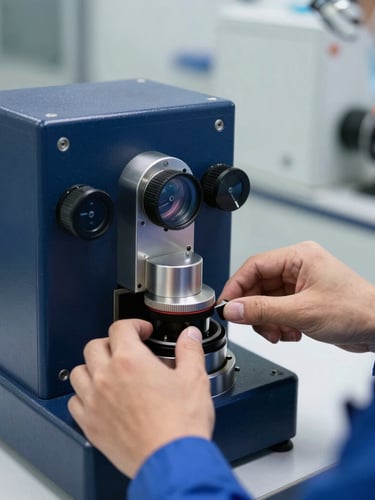 Primer plano macro de un ingeniero calibrando un instrumento de medición de alta precisión en un laboratorio limpio, luz blanca nítida, enfoque en las manos y los diales, tonos metálicos y azules profundos.
