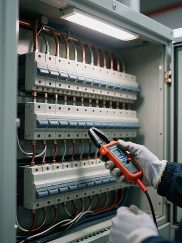 Close-up wide shot of an industrial electrical panel open for inspection, dense rows of circuit breakers and labeled terminals visible, a gloved hand holding a clamp meter against a busbar, overhead fluorescent lighting casting sharp shadows on copper conductors and cable ducts, no people facing camera