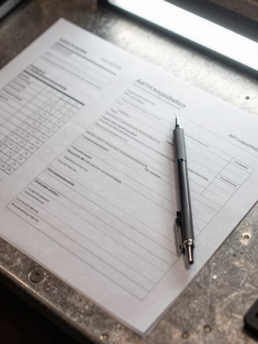 Overhead close-up of engineering paperwork on a metal workbench — ART registration form with CREA stamp visible, a mechanical pencil resting across the page, a load calculation printout beside it, clean white overhead lighting, no hands in frame