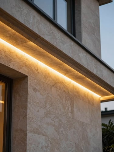 Close-up architectural detail of a luxury villa facade at dusk — polished stone cladding panels, recessed LED strip lighting casting a warm gold glow along horizontal fins, shot tight from ground level angled upward, no people visible