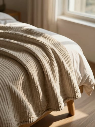 Close-up of ribbed cotton bed throw draped over a low wooden stool, soft afternoon window light casting long shadows, warm editorial photography