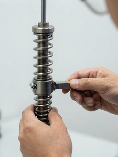 Close-up of a technician's hands adjusting a heavy-duty steel torsion spring with a tensioning bar, crisp commercial photography, bright focused work-light, clean high-contrast tones, sharp focus