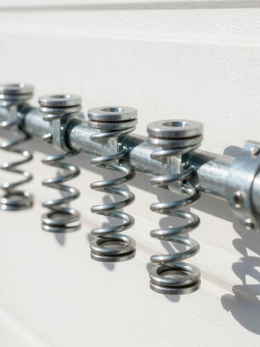 Close-up of heavy-duty oil-tempered steel torsion springs on a garage door shaft, clean high-contrast tones, sharp focus