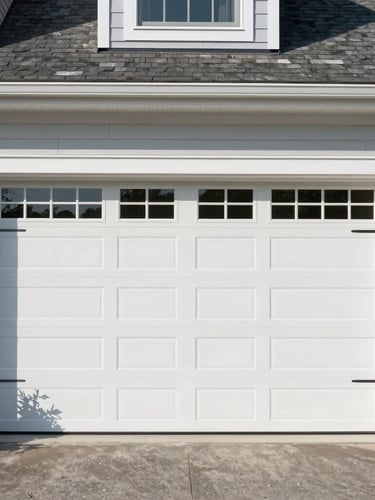 Straight-on architectural shot of a modern clean garage door installation on a coastal Massachusetts home, crisp natural daylight