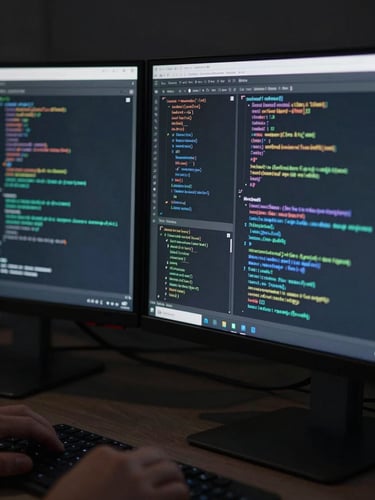Close-up oblique view of dual monitors displaying dense code and a deployment dashboard in a dark development workspace, keyboard hands visible at bottom edge, high-contrast studio lighting with deep shadows