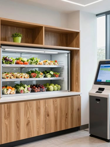 A bright, modern corporate breakroom featuring custom wood-grain shelving, open fresh food coolers stocked with salads and wraps, and a sleek self-checkout kiosk on the right, bright natural window light.