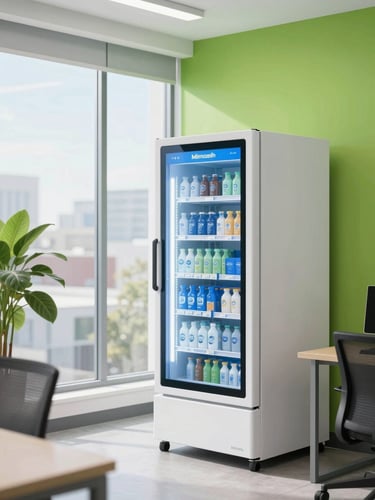 Bright modern Canadian office breakroom with a sleek smart micro-market, natural window light, clean green accents, professional atmosphere