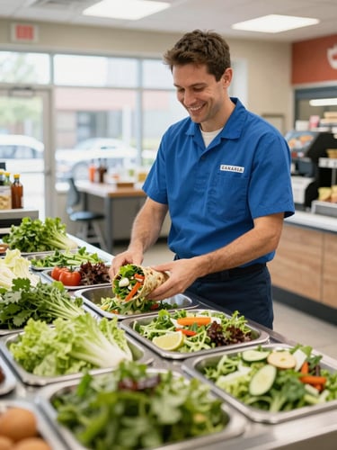 A friendly Canadian technician in a clean uniform restocking fresh salads and wraps in a modern workplace micro-market, bright daylight