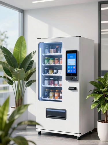 Bright modern office breakroom with clean natural daylight, a sleek smart vending machine with touch screen interface, vibrant green plants, commercial photography