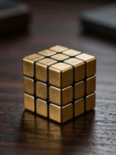Macro shot of a brushed brass solvable cube resting on a dark walnut desk, dramatic side-lighting casting sharp highlights on metallic edges, shallow depth of field, 85mm lens