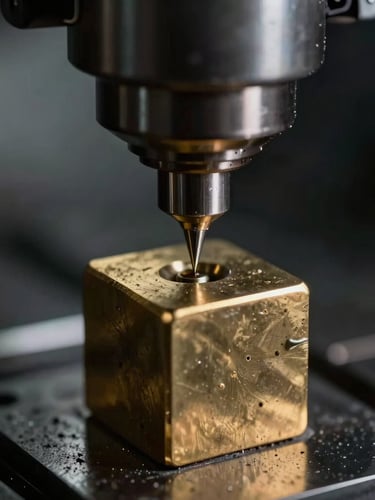 Extreme close-up of a precision CNC milling machine carving the corner of a brass cube, sharp highlights, metallic dust, moody macro photography, shallow depth of field
