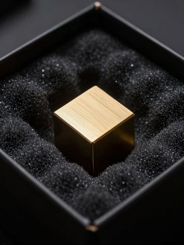 Moody macro photograph of a Cubemistry box opening, revealing a brushed brass cube nestled in custom-cut charcoal foam under dramatic side-lighting, 85mm lens