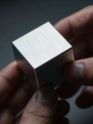 Macro photography of an anodized aluminum cube held mid-turn by hands, dramatic side-lighting, deep shadows on metallic edges, shallow depth of field, 85mm lens
