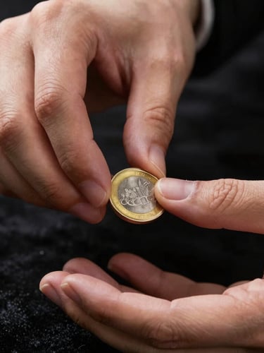 Macro close-up of hands in high-contrast low-key lighting performing a precise sleight-of-hand movement with a golden coin, dark velvet background.