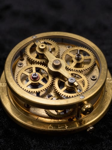 Macro shot of a 19th-century brass mechanical clockwork illusion device, warm spot lighting cutting through deep shadow, velvet black background, sharp brass gears and intricate metal engraving visible.