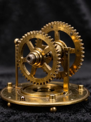 Macro shot of an intricate 19th-century brass illusion apparatus, selective focus on gear teeth, warm single-source spotlighting, dark velvet background.