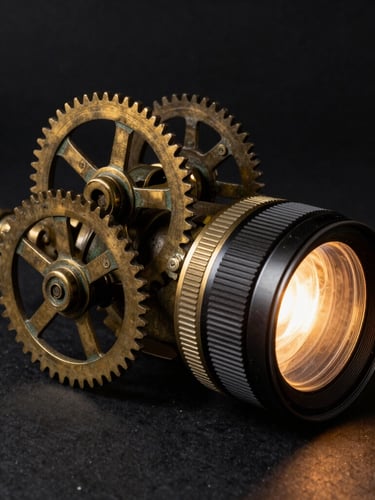 Fotografía en primer plano de un aparato de prestidigitación de bronce antiguo, engranajes expuestos, iluminación de claroscuro dramática con un solo reflector cálido, fondo negro absoluto.