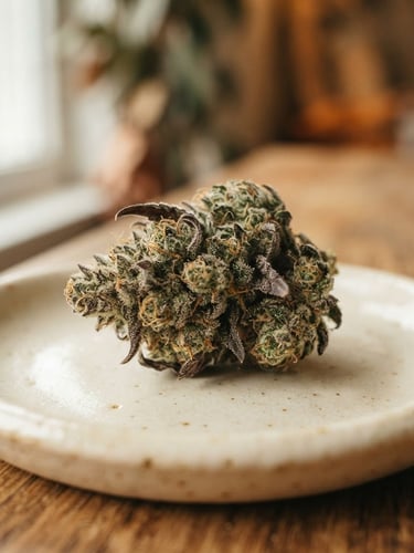 Macro shot of premium hand-trimmed cannabis flower resting on a clean cream-colored ceramic dish, soft natural window lighting, shallow depth of field, warm tones
