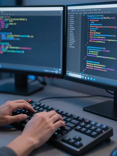 Macro shot of developer hands on a mechanical keyboard, dual monitors displaying clean Python code and neural network terminal logs, cool blue office lighting, sharp focus, 35mm lens.