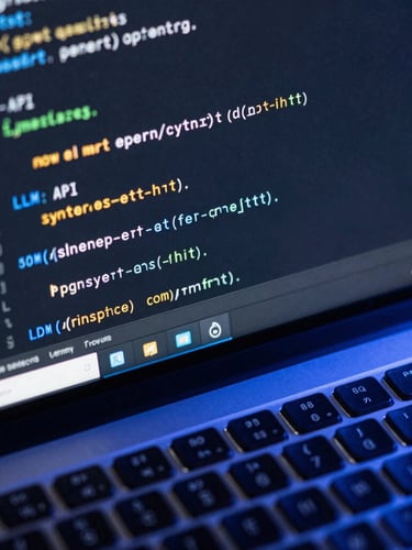 Macro shot of a modern code editor displaying clean Python and LLM API calls, cool blue ambient light on a mechanical keyboard, sharp focus