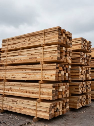 Wide-angle outdoor shot of a professional lumber yard, neatly stacked construction timber and wood planks under overcast sky, high physical scale