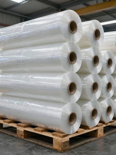Wide-angle shot of industrial packaging facility, high-contrast overcast lighting, massive rolls of transparent stretch film stacked on heavy wooden pallets, raw plastic texture.