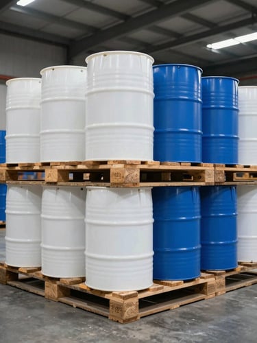 Wide-angle warehouse shot of stacked pallets containing industrial-grade white and blue plastic chemical drums, clean concrete floor, high-contrast industrial lighting.