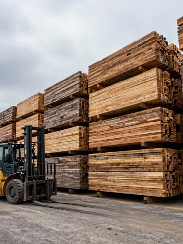 Wide-angle industrial yard with stacked timber and concrete elements under overcast sky, heavy forklift parked on the left, massive scale, high contrast.
