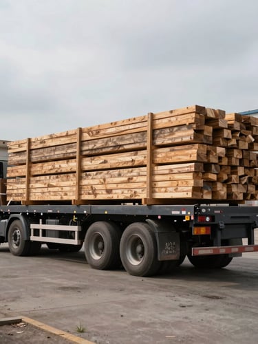 Wide-angle outdoor shot of a heavy-duty flatbed logistics truck being loaded with timber in an industrial yard under an overcast sky