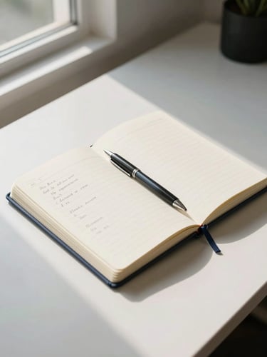 Wide shot of a clean modern desk from above, open notebook with structured handwritten notes, a pen resting on the page, bright natural window light falling from the left, cream and navy tones, no people visible
