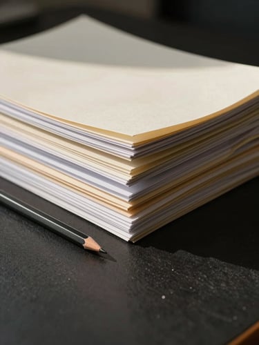 Tidy desk corner from a low angle, neatly stacked documents with a binder clip, a sharp pencil beside them, natural side light creating soft definition, cream and charcoal palette, no people