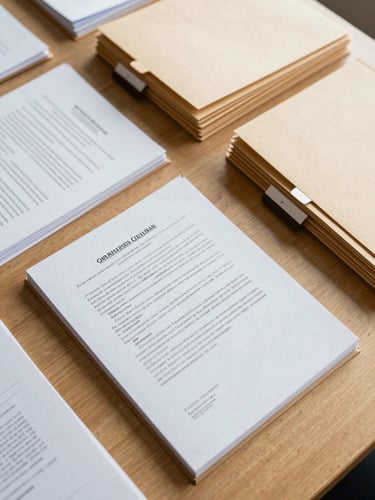 Overhead shot of organized legal filing folders on a light wood surface, labeled tabs visible, a single open document with official state header, bright even daylight, no people