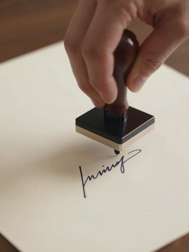 Close-up overhead of hands pressing a notary seal onto an official document, the embossed stamp catching bright studio light, cream paper, dark ink signature visible beneath, no faces