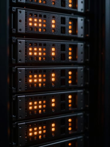 Extreme macro shot of server racks with glowing orange indicator lights, dark metallic chassis, dramatic low-key lighting, 35mm lens
