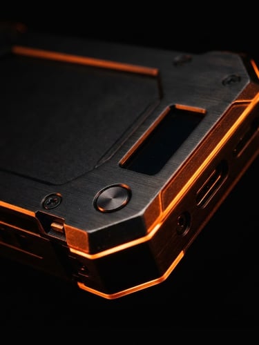 Macro close-up of a hardware wallet in shadow, sharp metallic edges catching dramatic orange neon rim lighting, deep black background, 35mm lens