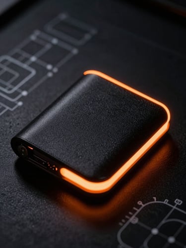 Macro shot of physical hardware wallet on a dark reflective surface, glowing orange neon accents, technical charts blurred in the background, high contrast