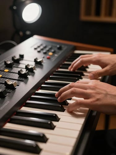 Extreme close-up of hands pressing keys on a synthesizer inside a dark recording studio, a single overhead studio strobe casting sharp shadows across the equipment, control board faders visible in the background out of focus, high contrast black and yellow tones