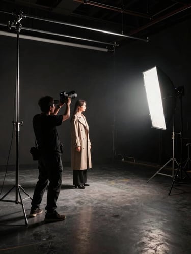 Wide environmental shot of a photographer adjusting a strobe rig on a dark stage set, dramatic side lighting raking across a styled artist subject in the middle ground, visible light stands and rigging in the upper frame, high-contrast editorial atmosphere
