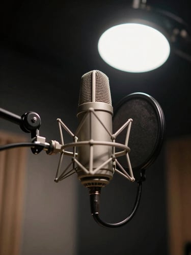 Low-angle close-up of a professional condenser microphone suspended on a boom arm inside an isolated vocal booth, single overhead studio strobe lighting the capsule against a deep black background, sharp metallic detail visible