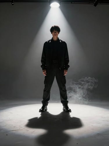Extreme low-angle wide shot of a solo artist standing under a single overhead stage spotlight, harsh shadow cutting across the floor, smoke at ankle level, all-black wardrobe, studio strobe rim-lighting the figure from behind — dramatic chiaroscuro, no background detail visible