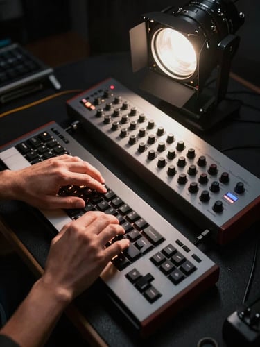 Overhead dramatic shot of a producer's hands on a DAW keyboard and hardware synthesizer in a dark studio, tight grid of illuminated keys visible, single stage-rig spotlight from above casting hard light on the equipment surface