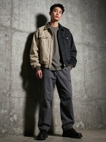 Low-angle full-body portrait of a styled artist standing against a raw concrete wall, dramatic tungsten key light from below illuminating structured streetwear clothing details, sharp shadows emphasizing fabric texture and silhouette, cinematic urban setting
