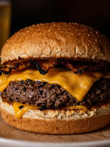 Moody close-up of a double smash burger with dripping cheddar, crispy charred edges, warm amber indoor lighting, deep shadows, 35mm lens