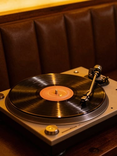 Moody vertical portrait of a vintage vinyl turntable spinning a record inside a low-lit restaurant booth, warm amber light glinting off the brass arm, deep shadows.