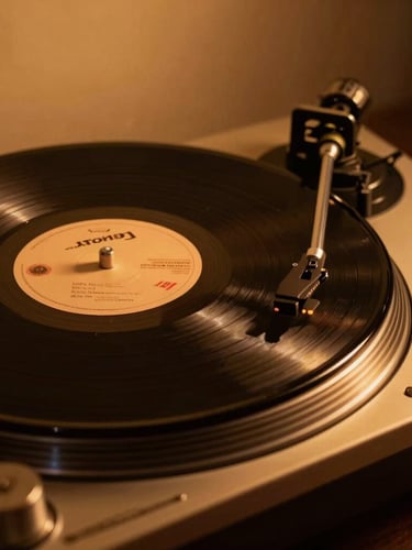 Close-up of a vintage turntable spinning a vinyl record under warm amber spotlight, deep shadows, rich saturated tones, 35mm lens.