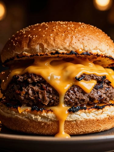 An extreme close-up of a double smash burger with melting cheddar cheese dripping down the charred edges, sitting on a dark plate inside a moody, low-lit bar with warm amber lighting.