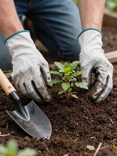 Hands in work gloves carefully planting a small shrub in dark garden soil, trowel beside it, soft north-facing daylight, close framing