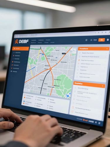 Close-up of hands on a modern logistics dashboard displaying route maps and compliance documentation, clean office interior lighting.
